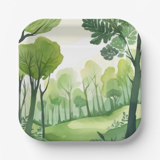 Grüner Wald | Luftige Aquarell-Landschaft Pappteller (Vorderseite)