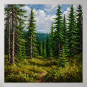 Grüner Wald mit hohen Pinienbäumen Poster (Vorne)