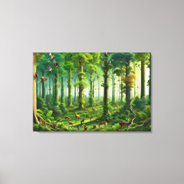 Grüner Wald mit Niedlichen Vögeln und Tieren Leinwanddruck