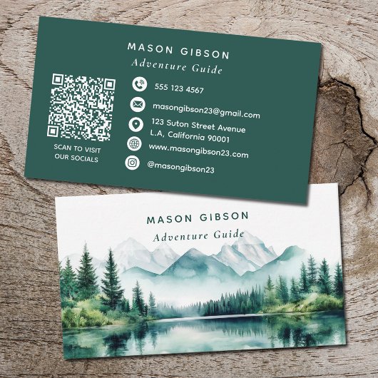 Grüner Wasserfarben-Berg-Abenteuerführer-Qr-Code Visitenkarte