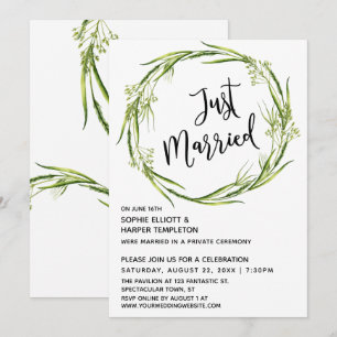 Grüner Wasserfarben-Kranz Just Married Typografie Einladung