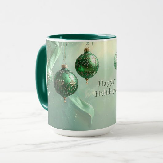 Grüner Weihnachtsball-Feiertagsbecher Tasse (Vorderseite Links)