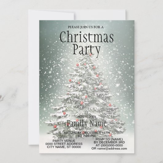 Grüner Weihnachtsbaum Bunte Ornamente Weißer Schne Einladung (Vorderseite)