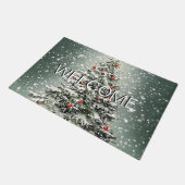 Grüner Weihnachtsbaum Bunte Ornamente Weißer Schne Fußmatte (Schrägansicht)