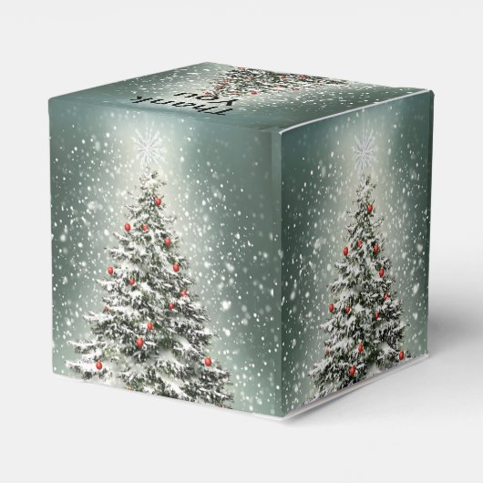 Grüner Weihnachtsbaum Bunte Ornamente Weißer Schne Geschenkschachtel (Rückseite)