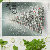 Grüner Weihnachtsbaum Bunte Ornamente Weißer Schne Geschirrtuch (Gefaltet)