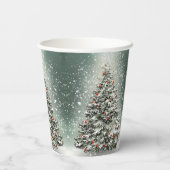 Grüner Weihnachtsbaum Bunte Ornamente Weißer Schne Pappbecher (Rückseite)