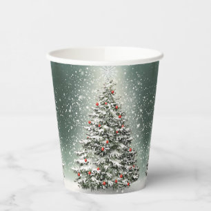 Grüner Weihnachtsbaum Bunte Ornamente Weißer Schne Pappbecher