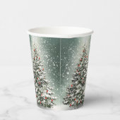 Grüner Weihnachtsbaum Bunte Ornamente Weißer Schne Pappbecher (Rechts)