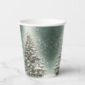 Grüner Weihnachtsbaum Bunte Ornamente Weißer Schne Pappbecher (Vorderseite)