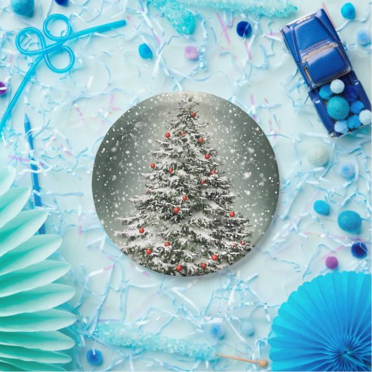 Grüner Weihnachtsbaum Bunte Ornamente Weißer Schne Pappteller (Party)