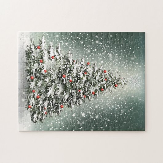 Grüner Weihnachtsbaum Bunte Ornamente Weißer Schne Puzzle (Horizontal)