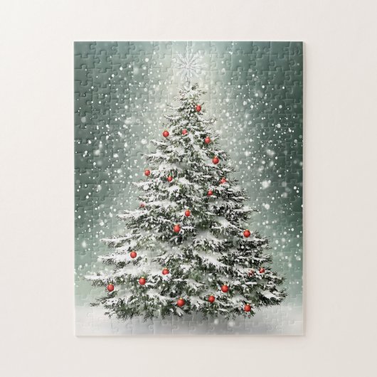 Grüner Weihnachtsbaum Bunte Ornamente Weißer Schne Puzzle (Vertikal)