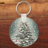 Grüner Weihnachtsbaum Bunte Ornamente Weißer Schne Schlüsselanhänger (Vorderseite)