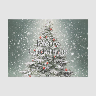 Grüner Weihnachtsbaum Bunte Ornamente Weißer Schne Seidenpapier