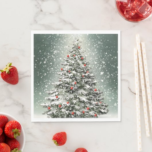 Grüner Weihnachtsbaum Bunte Ornamente Weißer Schne Serviette (Beispiel)