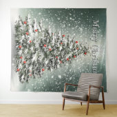 Grüner Weihnachtsbaum Bunte Ornamente Weißer Schne Wandteppich (Beispiel (Horizontal))