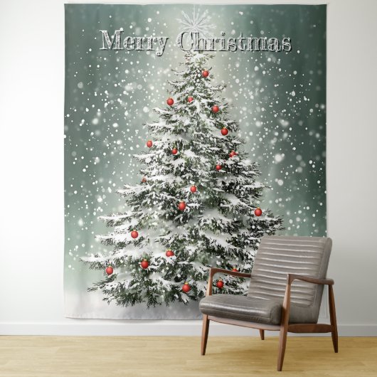 Grüner Weihnachtsbaum Bunte Ornamente Weißer Schne Wandteppich (Beispiel)