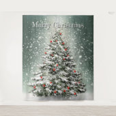 Grüner Weihnachtsbaum Bunte Ornamente Weißer Schne Wandteppich (Vorderseite)