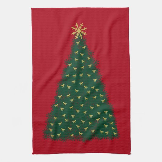 Grüner Weihnachtsbaum, goldene Laufpferde auf Rot Handtuch (Vertikal)