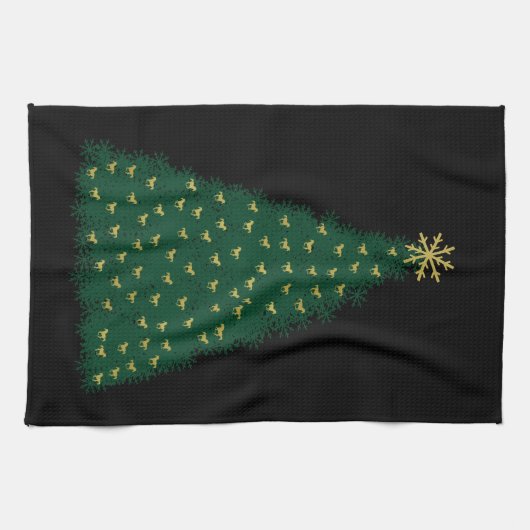 Grüner Weihnachtsbaum, goldene Laufpferde auf schw Handtuch (Horizontal)