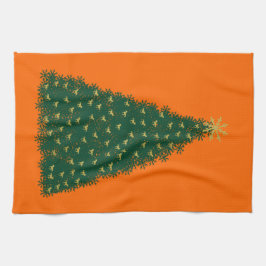 Grüner Weihnachtsbaum, goldene Laufpferde, Orange Küchentuch