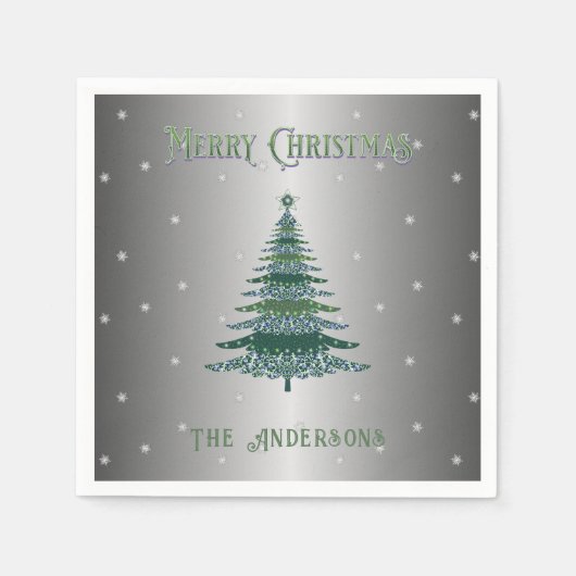 Grüner Weihnachtsbaum Individuelle Name Silberfoli Serviette (Vorderseite)
