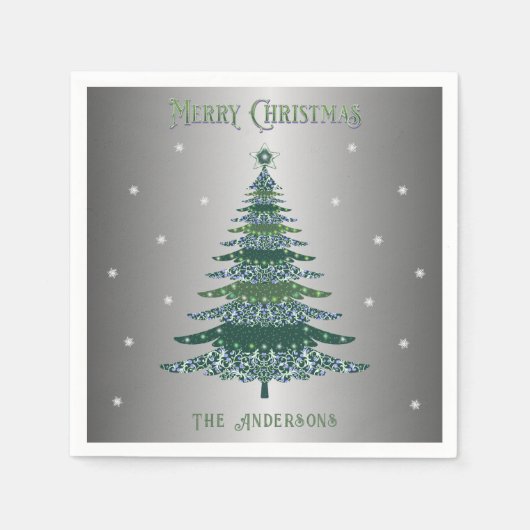 Grüner Weihnachtsbaum Individuelle Name Silberfoli Serviette (Vorderseite)