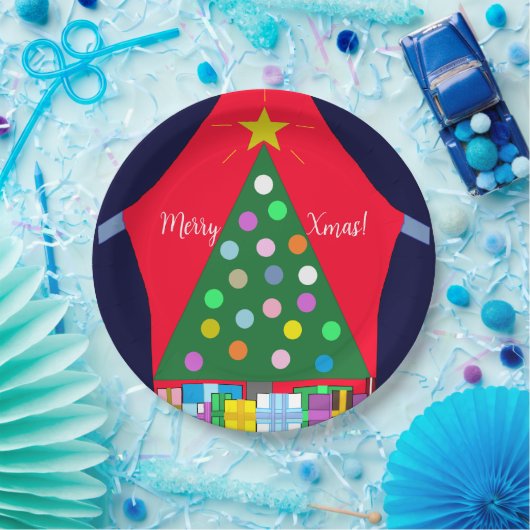 Grüner Weihnachtsbaum mit Blue Drapes: Pappteller (Party)