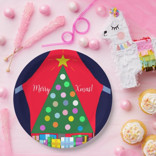 Grüner Weihnachtsbaum mit Blue Drapes: Pappteller (Party)