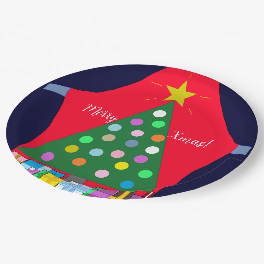 Grüner Weihnachtsbaum mit Blue Drapes: Pappteller (Schrägansicht)