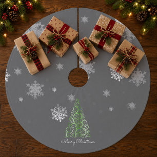 Grüner Weihnachtsbaum und Schneeflocken Baumrock Fleece Weihnachtsbaumdecke