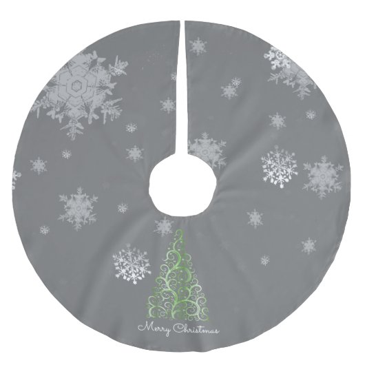 Grüner Weihnachtsbaum und Schneeflocken Baumrock Polyester Weihnachtsbaumdecke (Vorderseite)