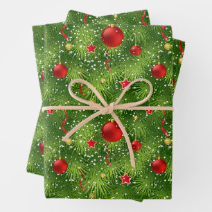 Grüner Weihnachtsbaum und Weihnachtsdekorationen Geschenkpapier Set