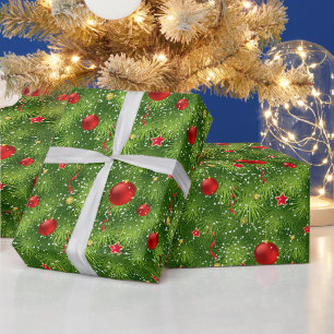 Grüner Weihnachtsbaum und Weihnachtsschmuck Geschenkpapier