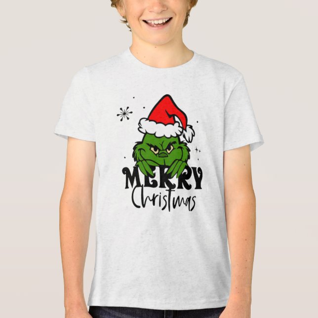 Grüner Weihnachtscharakter mit Weihnachtsmannmütze Tri-Blend Shirt (Vorderseite)