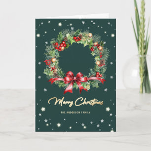 Grüner Weihnachtsgruß mit Tannenkranz und Foto Feiertagskarte
