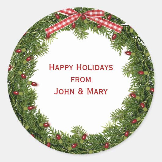 grüner Weihnachtskranz mit roter Lichtzeichenfolge Runder Aufkleber (Vorderseite)