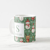 Grüner Weihnachtsmann & Rentier Monogramm Name Kaffeetasse (Vorderseite Links)