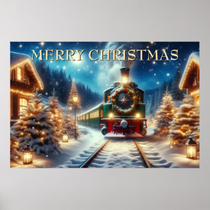 Grüner Weihnachtszug im schneebedeckten Dorf Poster