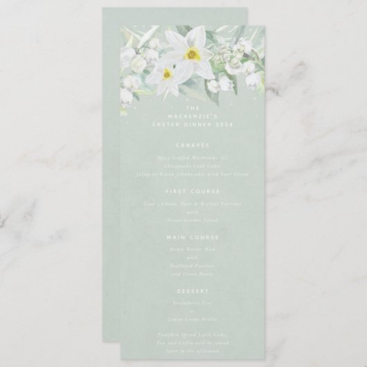 Grüner weißer Frühling Florals Flat 4 Course Oster Menükarte (Vorne/Hinten)