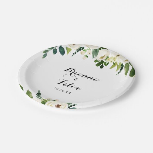 Grüner Weißer Herbst Blumenkuchen Pappteller (Schrägansicht)