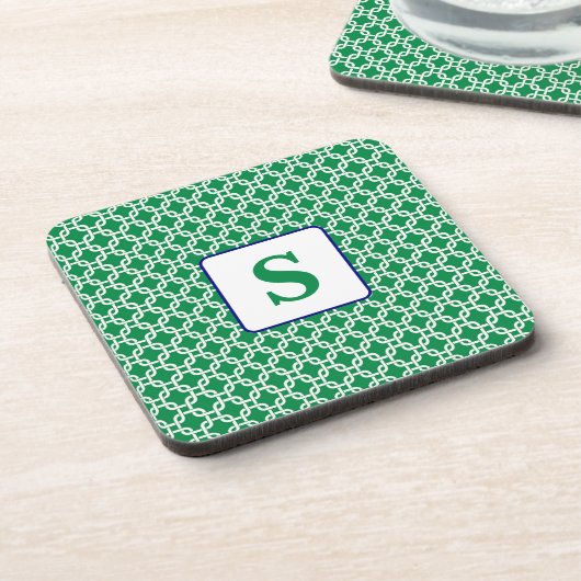 Grüner Weißer Link Muster Navy Monogramm Getränkeuntersetzer (Linke Seite)