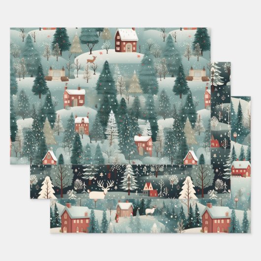 Grüner Winterwald Dorf Geschenkpapier Set (Set)