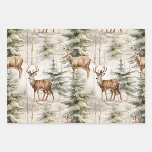 Grüner Winterwald im Hirschwasser Geschenkpapier Set (Vorderseite)