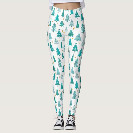 Grüner Winterwald-Weihnachtsbaum-Muster Leggings (Vorderseite)