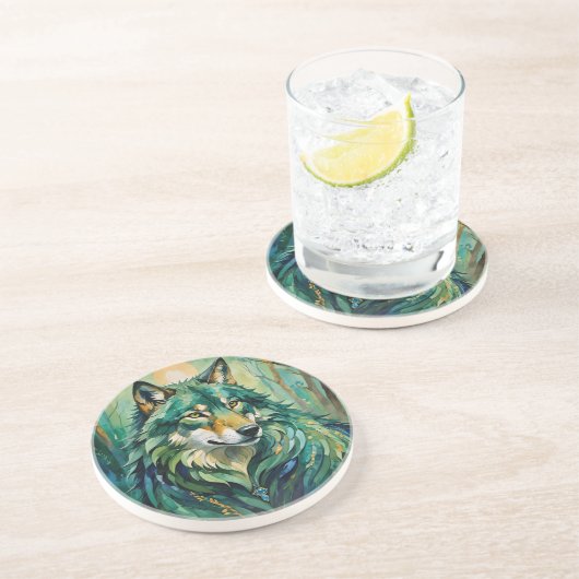 Grüner Wolf im Untersetzer Sandstein des Waldes (Seite)