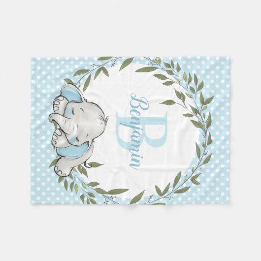 Grüner Wreath Blauer Elefant Personalisiert Boy Fleecedecke (Vorderseite (Horizontal))