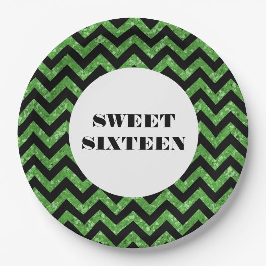 Grüner Zickzack Glitzer Sweet 16 Paper Tellers Pappteller (Vorderseite)