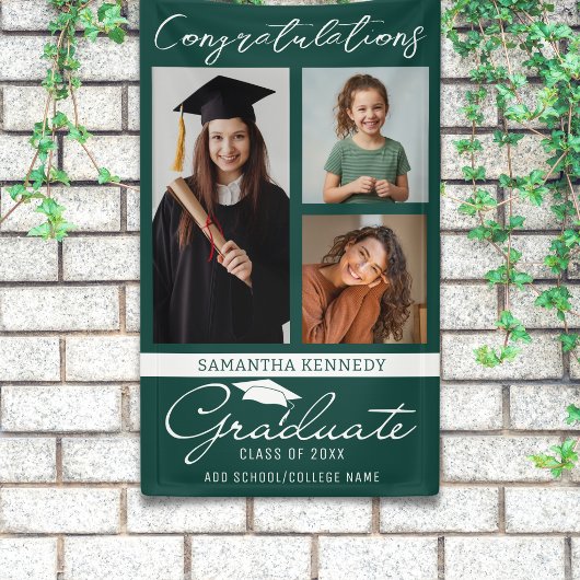 Grünes 3-Foto-Collage-Abschluss-Gratulation Absolv Banner